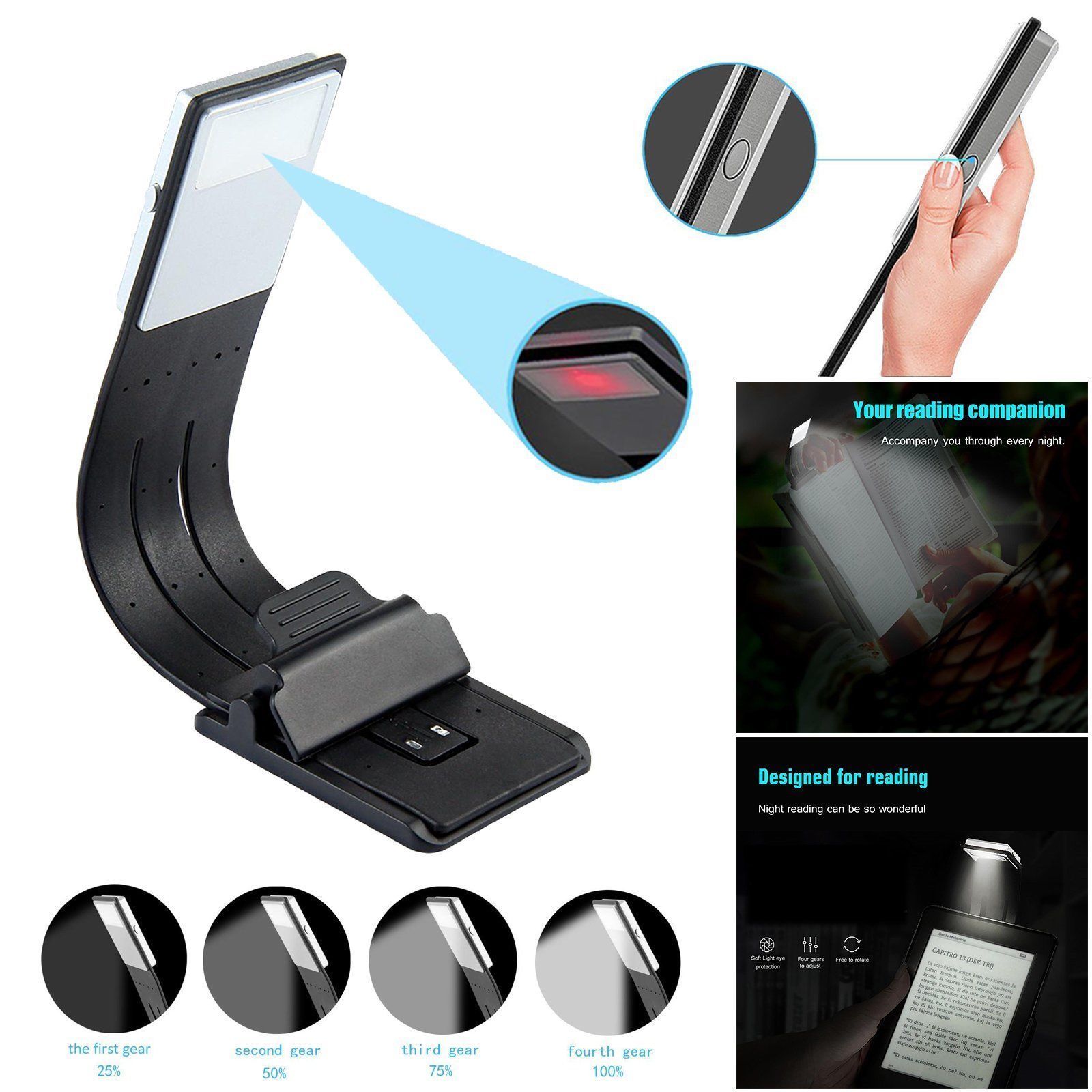 Flexible Book Light Brightness Adjustable Bendable with Clip Design Lamp LED Book Light Night Reading Lamp USB Rechargeable