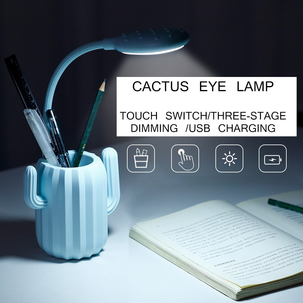 Multiuse Cactus LED Folding Desk Lamp 1200mA USB Charging Touch Switch Table Light Student Night Light with Pen Storage Holder