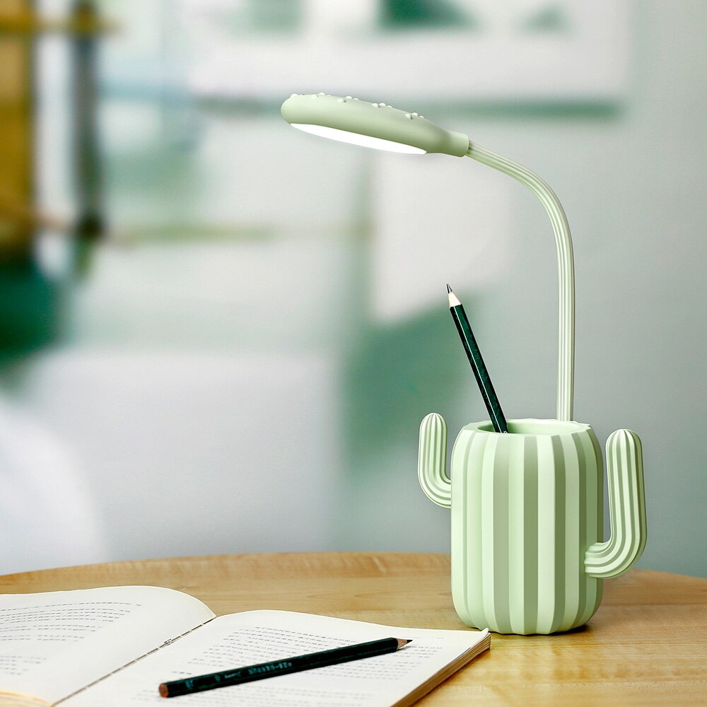 Multiuse Cactus LED Folding Desk Lamp 1200mA USB Charging Touch Switch Table Light Student Night Light with Pen Storage Holder