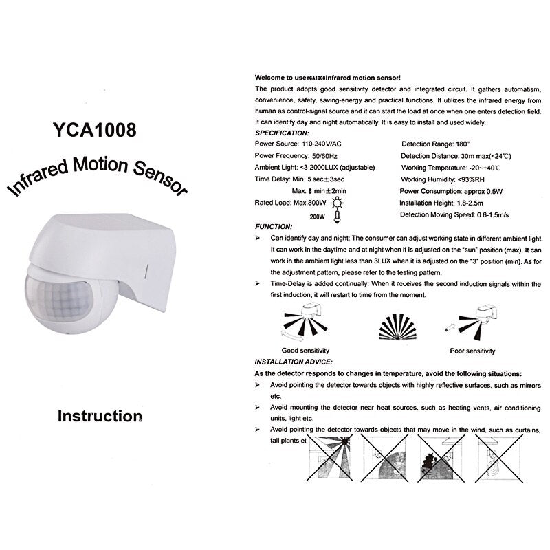 New Hot  Motion Sensor 110v~230v Motion Detector Automatic Infrared PIR Sensor  180 Degree Rotating Outdoor Timer Light Switch