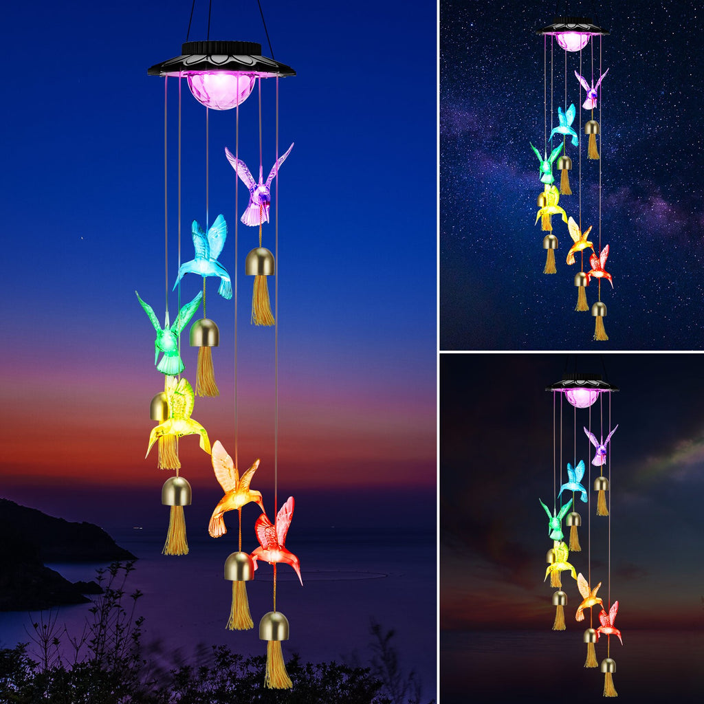 Solar Hummingbird Wind Chimes Lamp with Colorful Light for Courtyard Garden Balcony Outdoor Powered Street for Garden Decoration